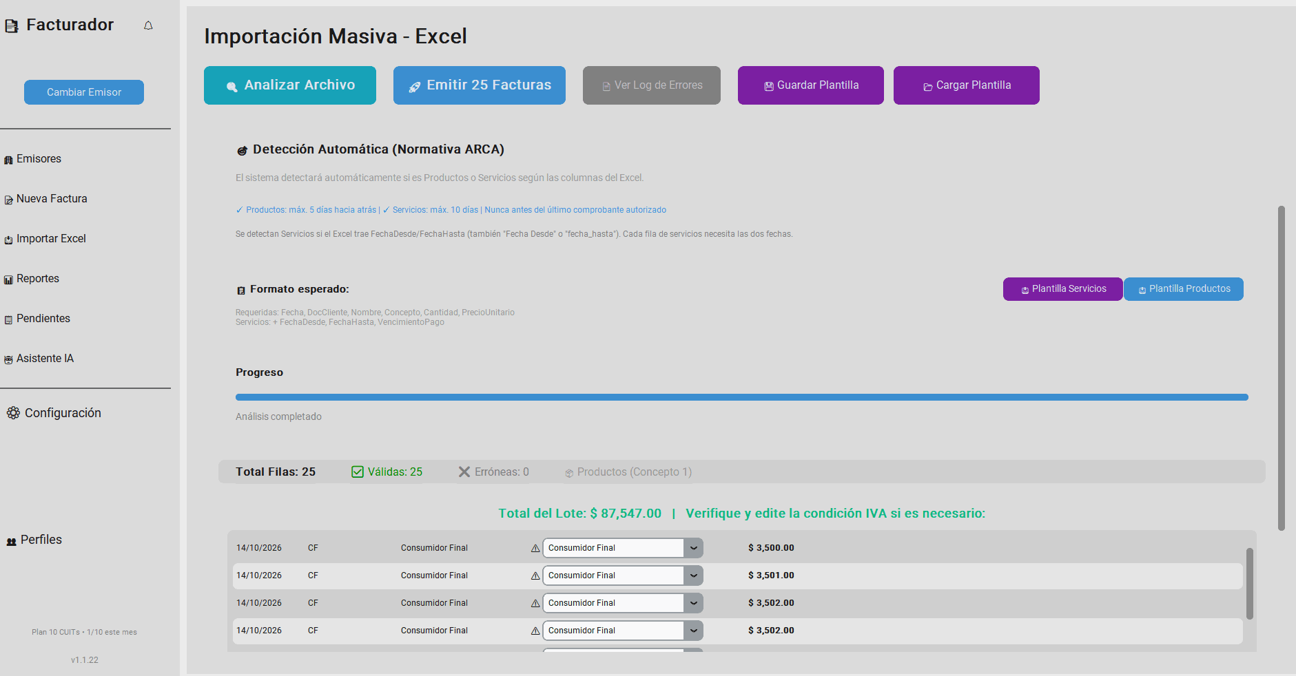 Importación masiva desde Excel: 25 filas válidas, total del lote y botón para emitir las 25 facturas
